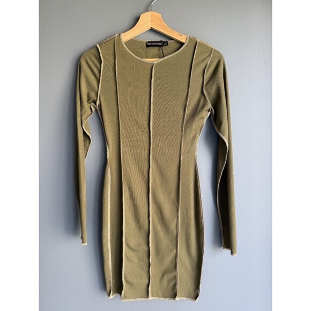 NWOT Y2K Clean Girl Olive Bodycon Dress Womens US 6 Ribbed Minimalist Streetwear